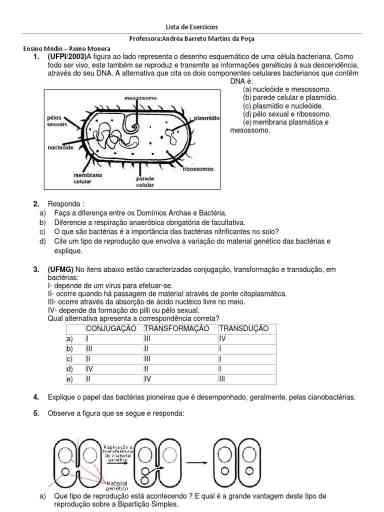 Exercícios De Biologia: Reino Monera Em PDF - Cenapet